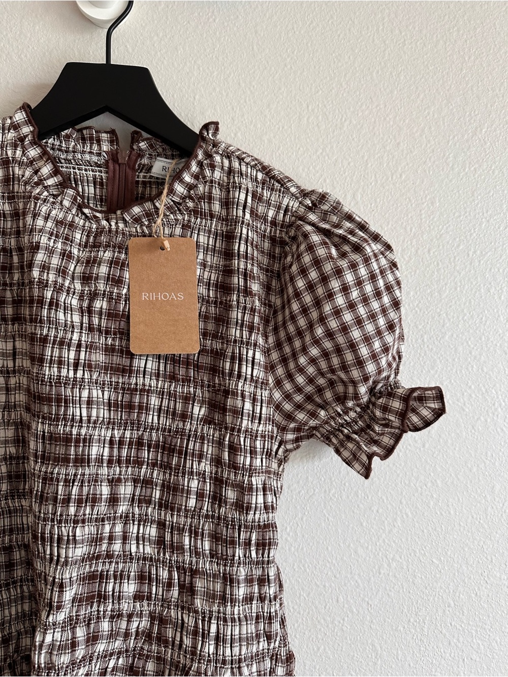 Rihoas Coffee Gingham Puffed Sleeve Mini Dress - Picture 3 of 6